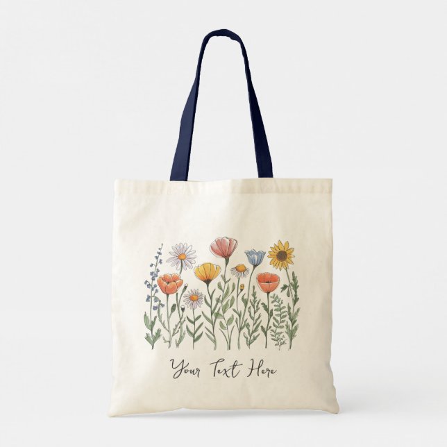 Modern Personalized Watercolor Wildflower Floral   Tote Bag (Back)