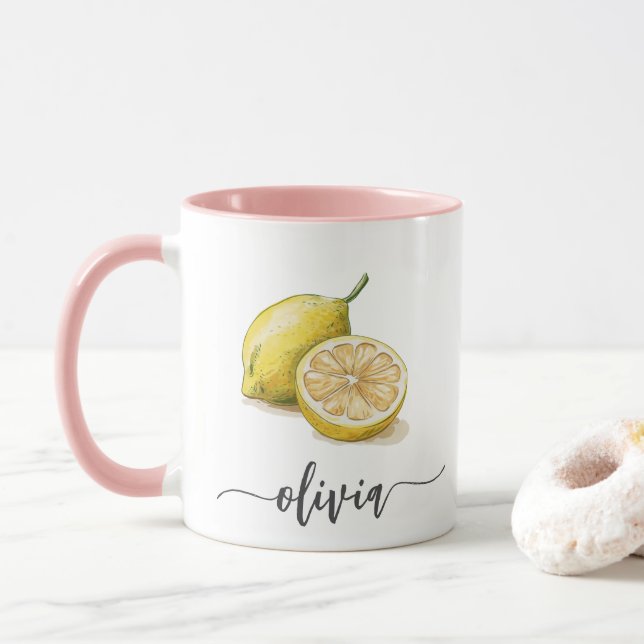 Modern Personalized Watercolor Yellow Lemon Pink Mug (With Donut)