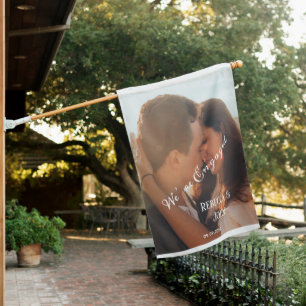 Modern Personalized We’re Engaged Overlay Photo House Flag