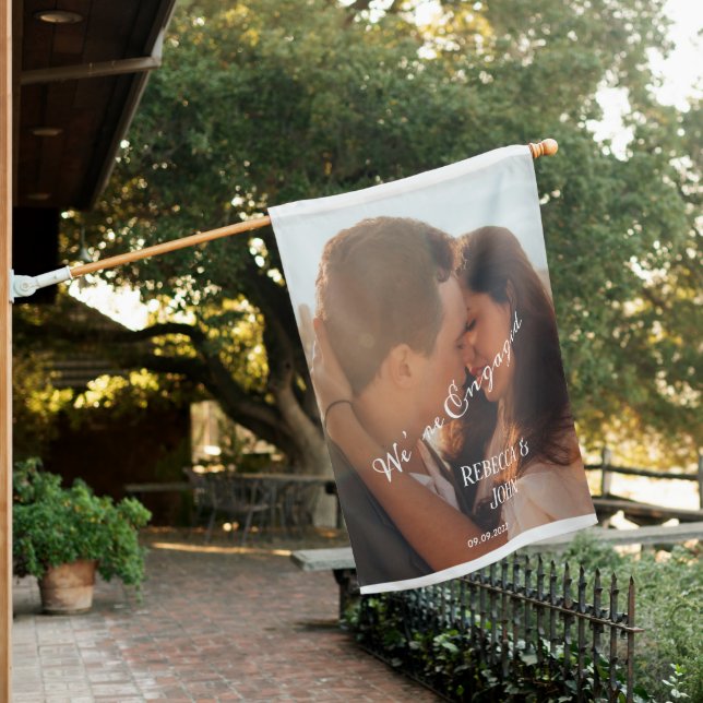 Modern Personalized We’re Engaged Overlay Photo  House Flag (In SItu)