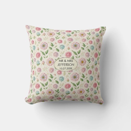 Modern Personalized Wedding Pink and Blue Flowers Throw Pillow