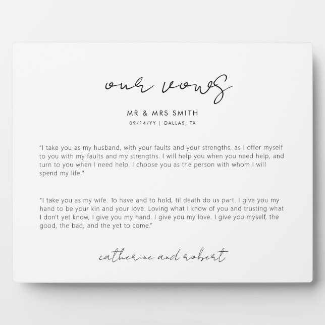Modern Personalized Wedding Vows Plaque (Front)