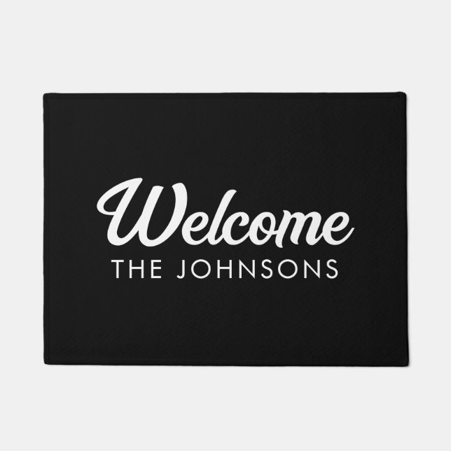 Modern Personalized Welcome Doormat | Black White (Front)
