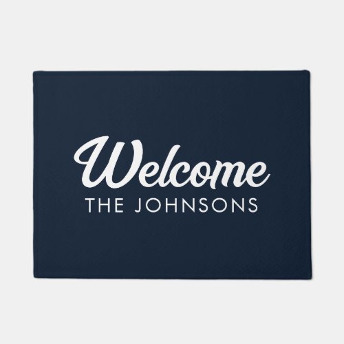 Modern Personalized Welcome Doormat  Navy Blue