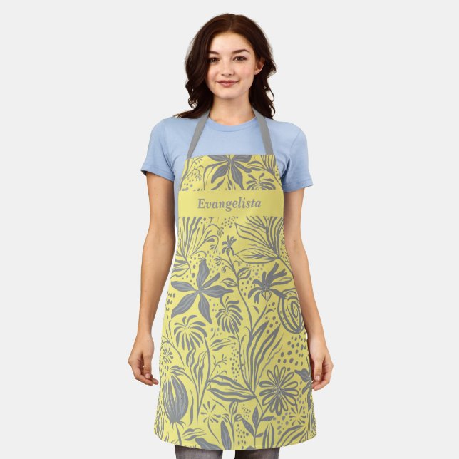 Modern Personalized Yellow Gray Floral Apron (Worn)