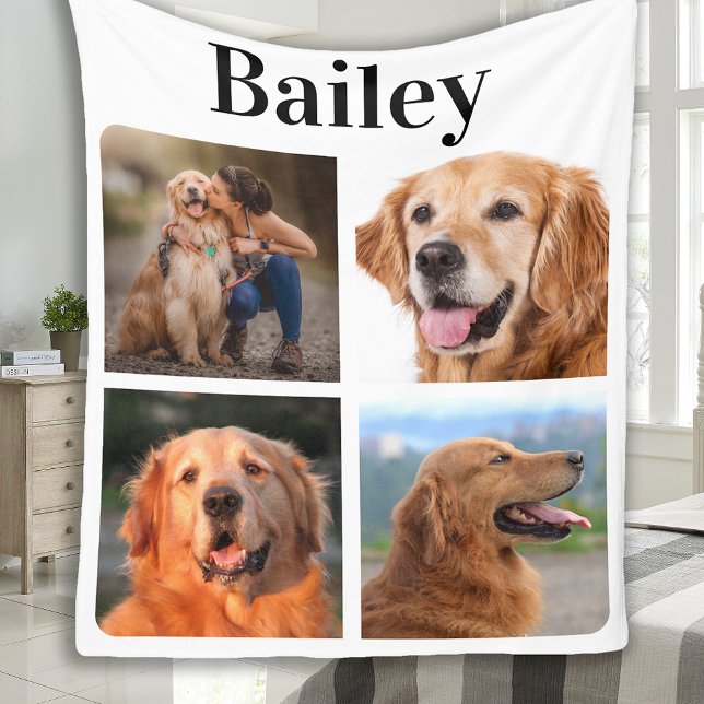 Modern Pet 4 Picture Collage Personalize Dog Lover Fleece Blanket (Creator Uploaded)