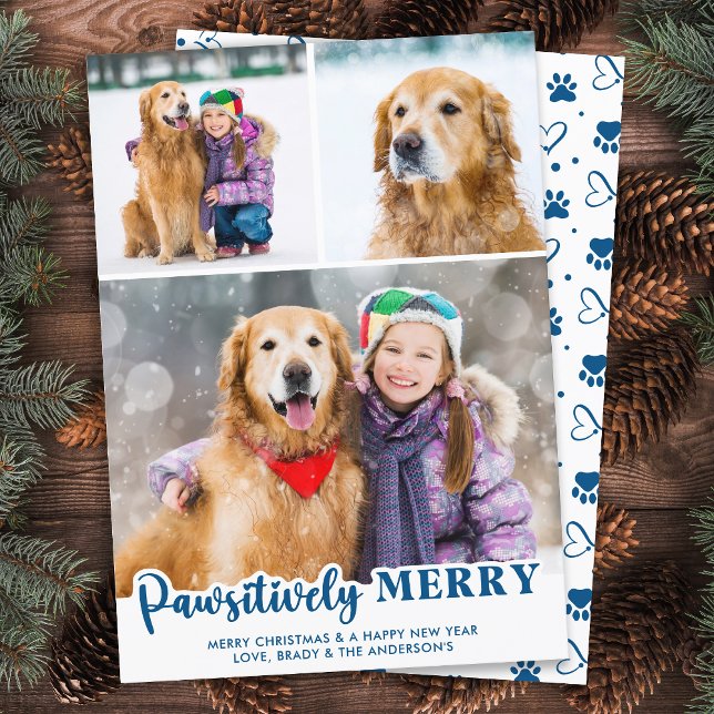 Modern Pet Dog Custom 3 Photo Pawsitively Merry  Holiday Card (Creator Uploaded)