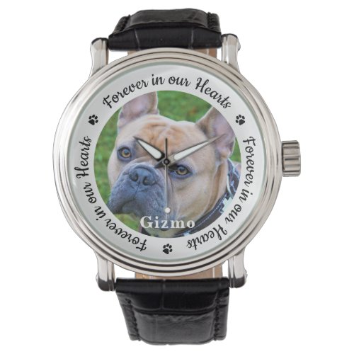 Modern Pet Dog Memorial Custom Photo  Watch - Honor your best friend with a custom photo memorial watch. This unique pet memorials keepsake is the perfect gift for yourself, family or friends to pay tribute to your loved one. We hope your dog memorial photo watch will bring you peace, joy and happy memories. 
Quote "Forever in our Hearts".
Customize with favorite pet dog or cat photos, and name . 
COPYRIGHT © 2020 Judy Burrows, Black Dog Art - All Rights Reserved. Modern Pet Dog Memorial Custom Photo Watch