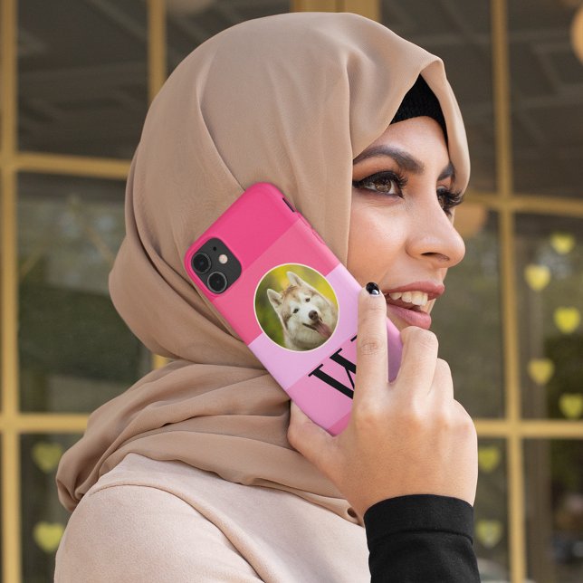 Modern Pet Dog Photo Monogram | Pink Girly Stripes iPhone 15 Case (Creator Uploaded)