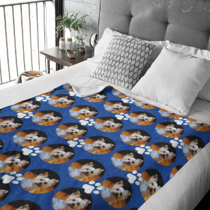  Modern Pet Lover Pet Photo Blue w Paw Print Fleece Blanket