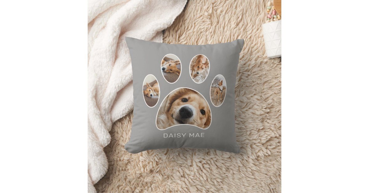 Modern Pet Lovers Paw Print Custom Photo Collage Throw Pillow | Zazzle