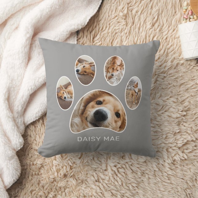 Modern Pet Lovers Paw Print Custom Photo Collage Throw Pillow (Blanket)