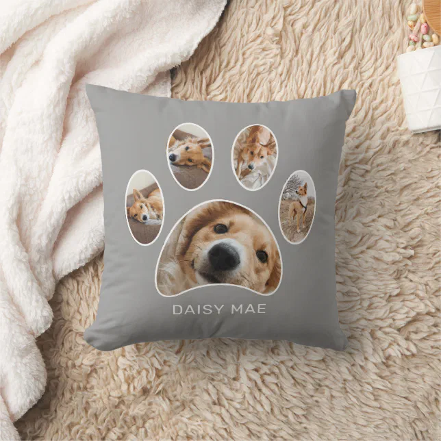 Modern Pet Lovers Paw Print Custom Photo Collage Throw Pillow | Zazzle