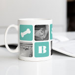 Modern Pet Monogram Photo Collage Coffee Mug<br><div class="desc">Customize this cute modern mug design with your favorite photos of your pooch! A great gift for any pet parent, this design features alternating squares of photos and vibrant aqua blocks displaying a dog bone, paw print, heart, your dog or family monogram, and your pup's name in white lettering. Add...</div>