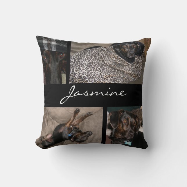 Modern Pet Photo Collage Monogrammed Throw Pillow (Front)