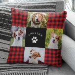 Modern Pet Photo Collage Red Buffalo Plaid Quilt Throw Pillow<br><div class="desc">Modern red buffalo plaid pet photo collage pillow with space for 4 photos and your pet's name and paw print surrounded by a fun quilt pattern grid.</div>