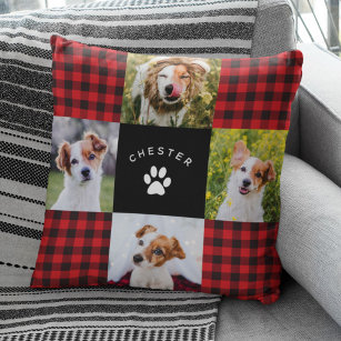 Modern Pet Photo Collage Red Buffalo Plaid Quilt Throw Pillow