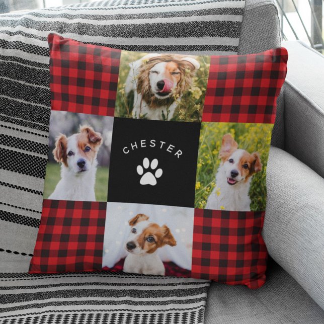 Modern Pet Photo Collage Red Buffalo Plaid Quilt Throw Pillow (Creator Uploaded)