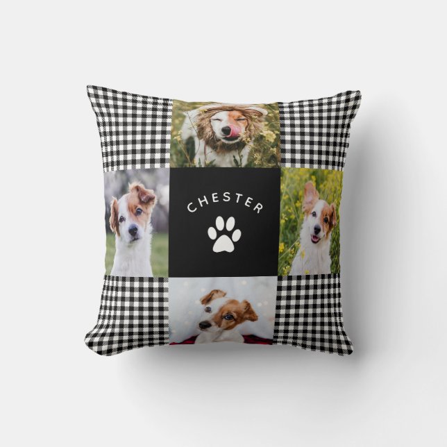 Modern Pet Photo Collage Vichy Plaid Dog Cat Quilt Throw Pillow (Front)