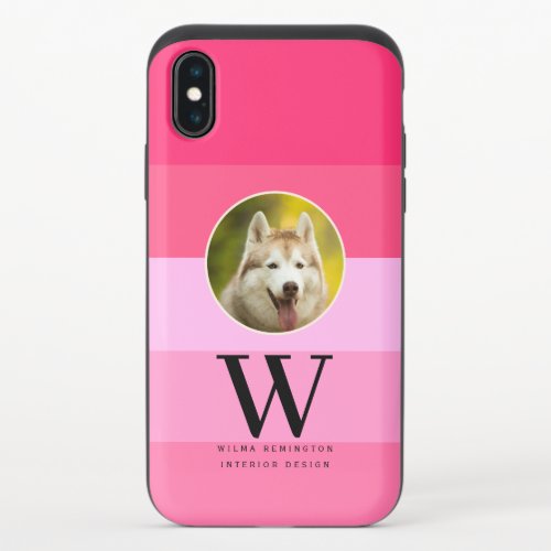 Modern Pet Photo Monogram on Pink Girly Stripes iPhone X Slider Case