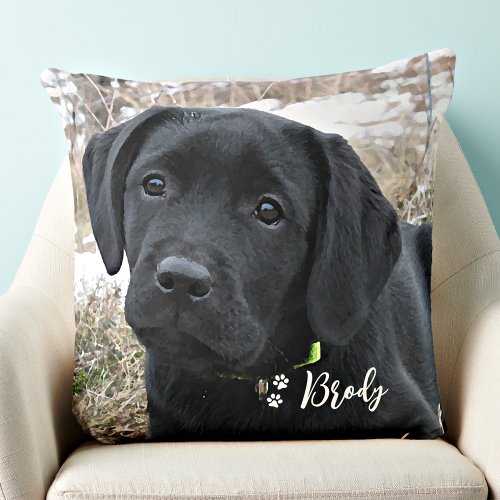 Modern Pet Photo Personalized Paw Print Dog Lover Throw Pillow