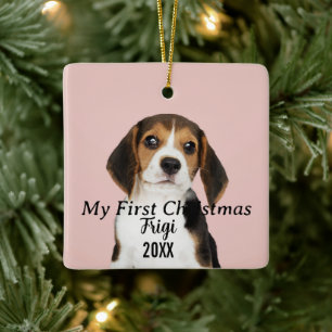 Modern Pet Script Name First Christmas 2 Photo Ceramic Ornament