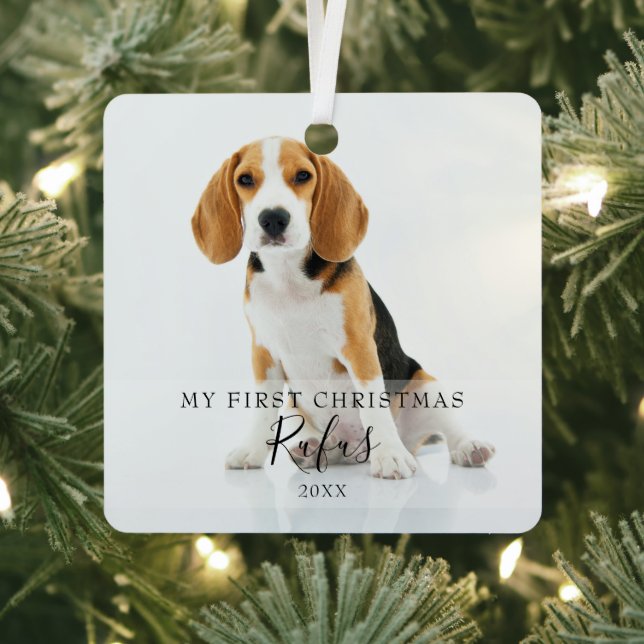 Modern Pet Script Name First Christmas 2 Photo Metal Ornament (Insitu)
