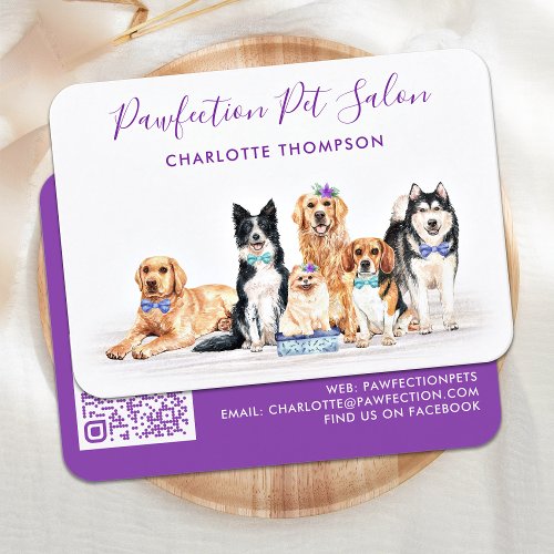 Modern Pet Sitting Dog Groomer Watercolor QR Code Business Card