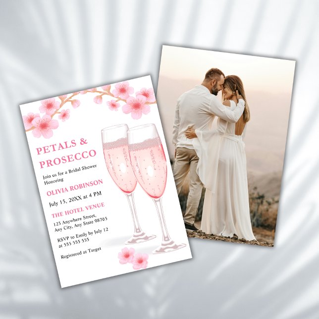 Modern Petals & Prosecco Pink Photo Bridal Shower Invitation (Modern Elegant Petals and Prosecco Pink Watercolor Floral Photo Bridal Shower Invitation )