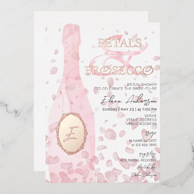 Modern Petals & Prosecco Pink Rose Bridal Shower Foil Invitation (Front/Back)