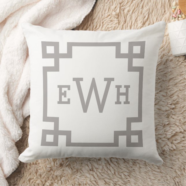 Modern Pewter Gray Greek Key Custom Monogram Throw Pillow (Blanket)