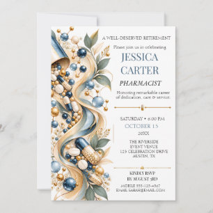 Modern Pharmacist Retirement Party Blue Green Gold Invitation