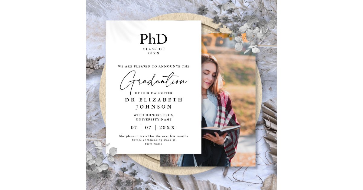 Modern PhD Degree Photo Announcement | Zazzle