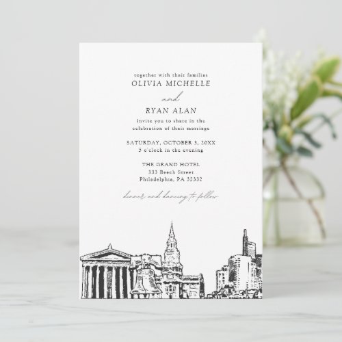 Modern Philadelphia Skyline Black  White Wedding Invitation