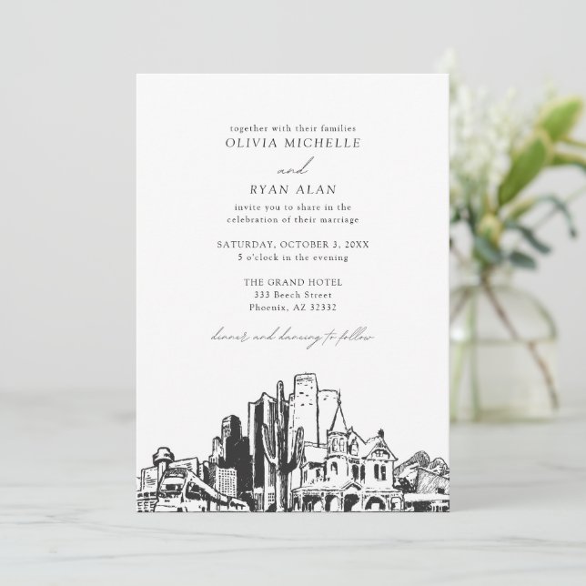 Modern Phoenix Skyline Black & White Wedding Invitation (Standing Front)