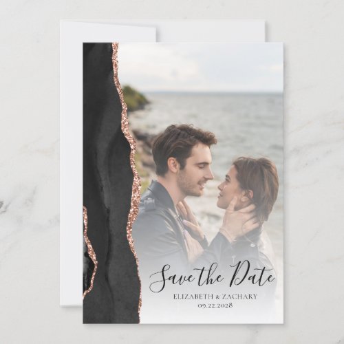 Modern Photo Agate Black Rose Gold Save the Date