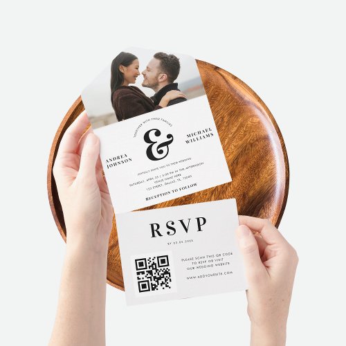 Modern Photo  Ampersand Wedding QR Code RSVP All In One Invitation