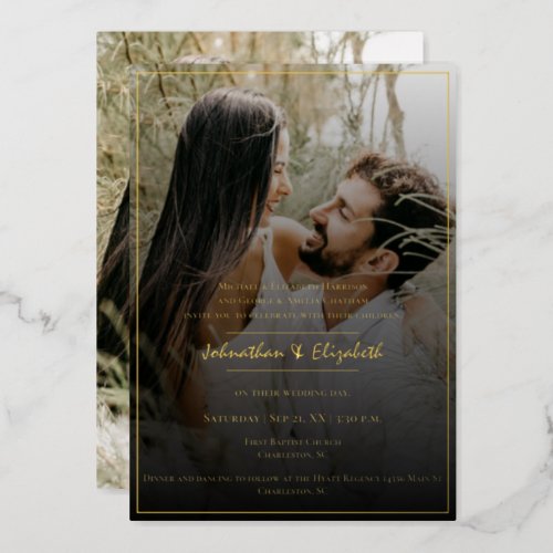 Modern Photo and Black Overlay Wedding Foil Invitation