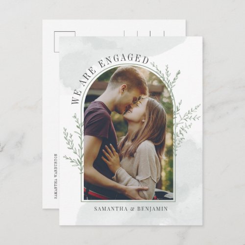 Modern Photo Arch Botanical Engagement  Announcement Postcard