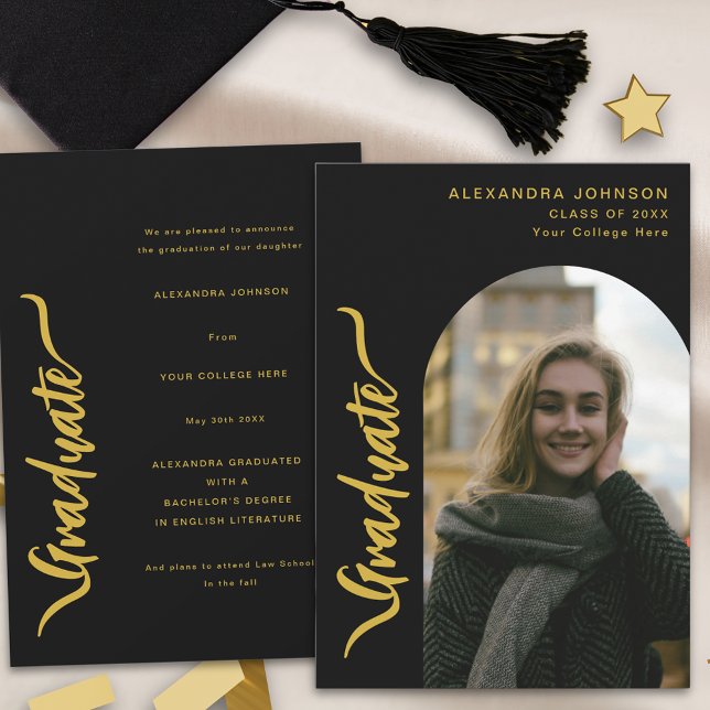 Modern Photo Arch Graduation Announcement (Modern graduate photo arch gold script stylish black Graduation announcement card)