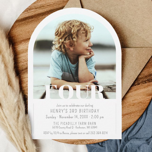 Modern Photo Arch Simple Kids 4th Birthday Party Invitation (Custom simple FOUR photo arch shape unique boy or girl personalized 4th birthday party invitation)