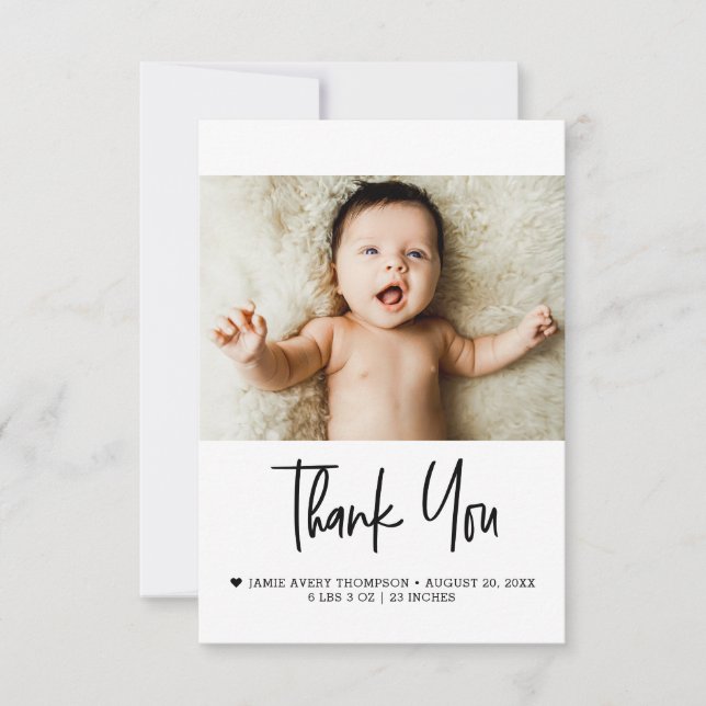 Modern Photo Baby Newborn Birth stats Small note Thank You Card (Front)
