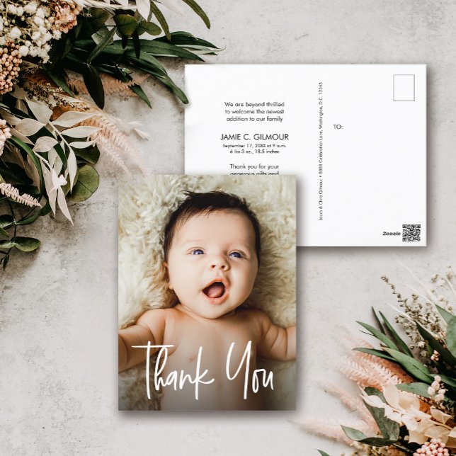 Modern Photo Baby Thank you Birth announcement Postcard (Modern Handlettering script baby photo thank you birth announcement postcard design.)