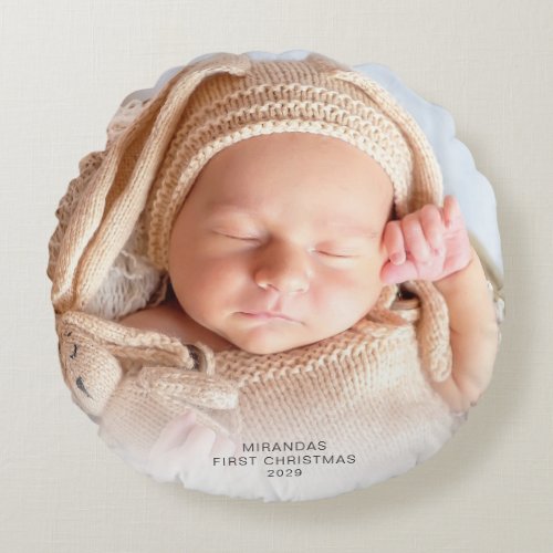 Modern Photo Babys First Christmas Holiday Round Pillow
