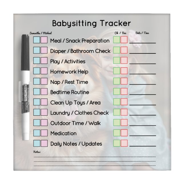 Modern Photo Babysitting Tracker Dry Erase Board (Front)