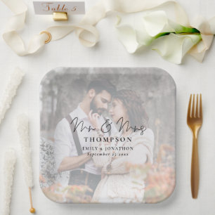 Modern Photo Background Mr Mrs Names Date Wedding Paper Plates