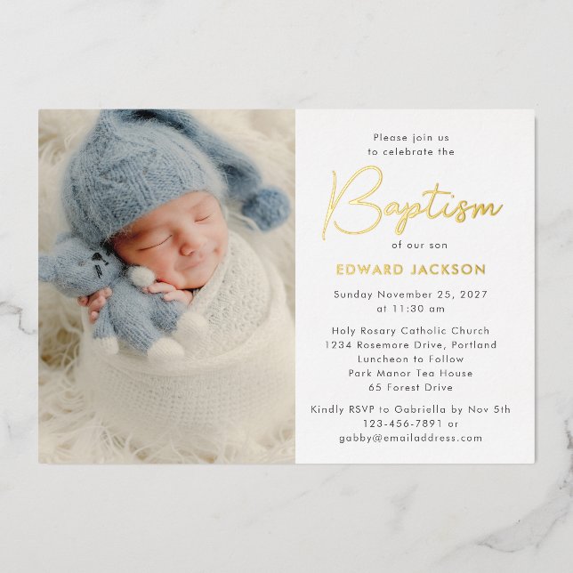 Modern Photo Baptism Gold Foil Invitation (Front)