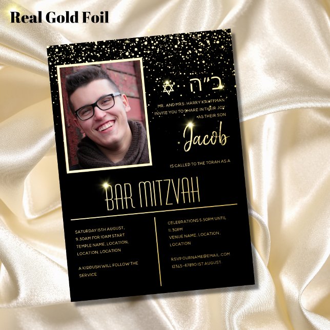 Modern PHOTO Bar Mitzvah | Bat Mitzvah with HEBREW Foil Invitation (Creator Uploaded)