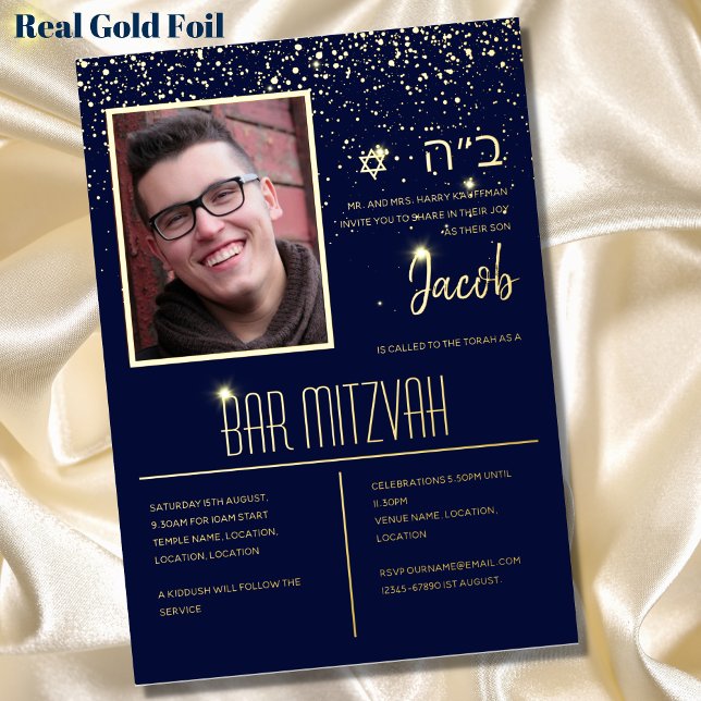 Modern PHOTO Bar Mitzvah with HEBREW Blue Gold Foil Invitation (Creator Uploaded)