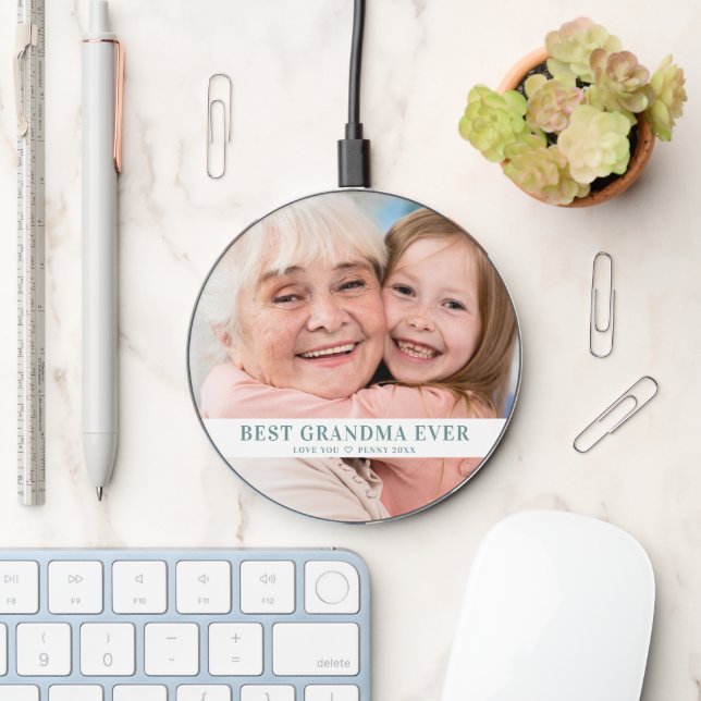 Modern Photo Best Grandma Ever Custom Text Wireless Charger (Desk)